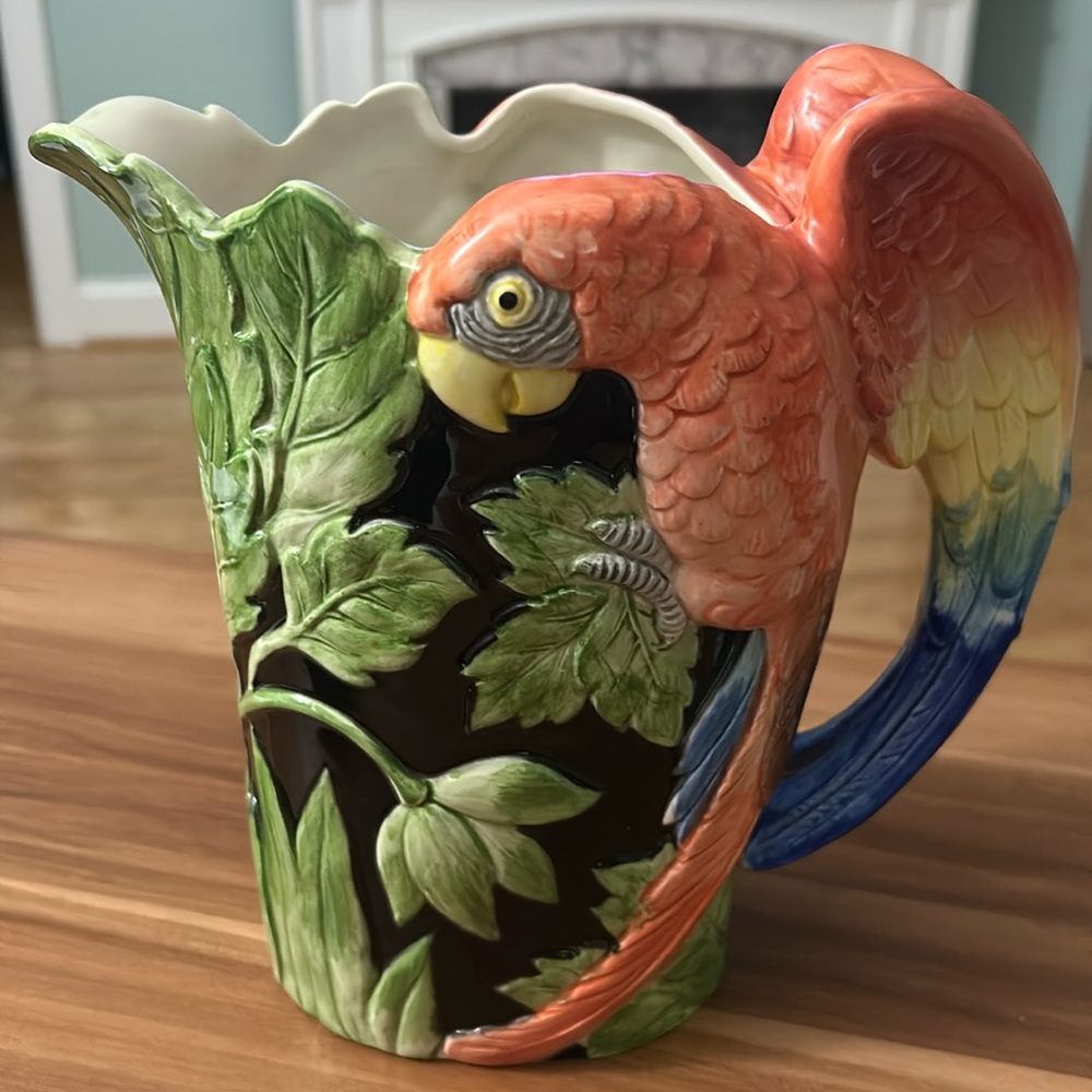 FITZ & FLOYD, 8.5-inch, “Macaw Parrot” Porcelain Pitcher, Exc. Condition